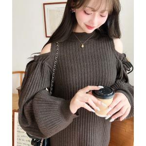 ワンピース 袖リボンショルダースリットニットワンピースの商品画像