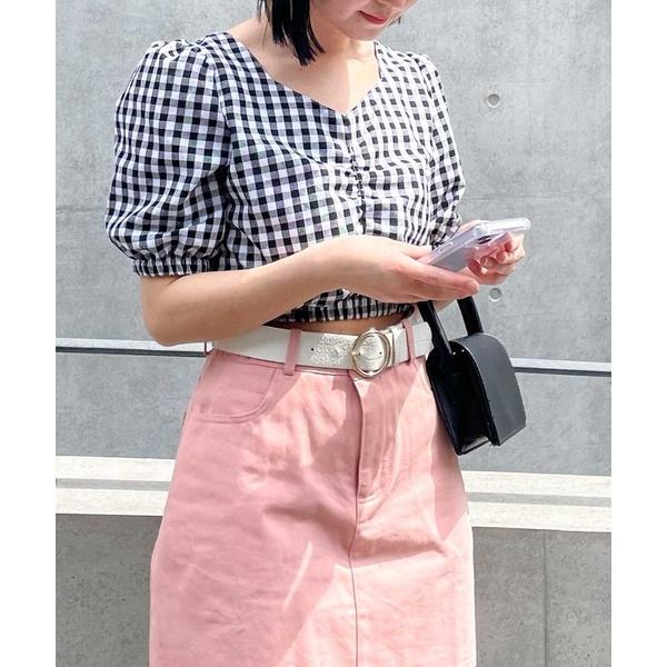 ブラウス シャツ gingham check puff sleeve blouse レディース
