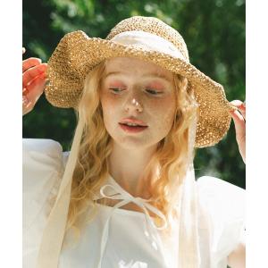 帽子 ハット ribbon straw hat/リボン付きストローハット レディース