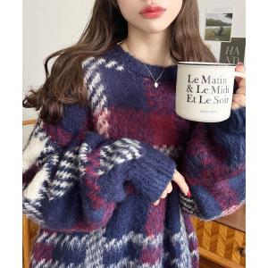 ニット セーター ビッグチェックジャガードシャギーニットプルオーバー レディース