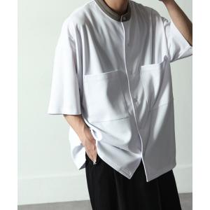 シャツ ブラウス メンズ 梨地オーバーサイズ配色バンドカラーシャツの商品画像