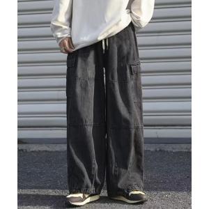 ワイドパンツ カーゴパンツ サイドポケット裾ドローコードワイドデニムカーゴパンツ メンズ レディース