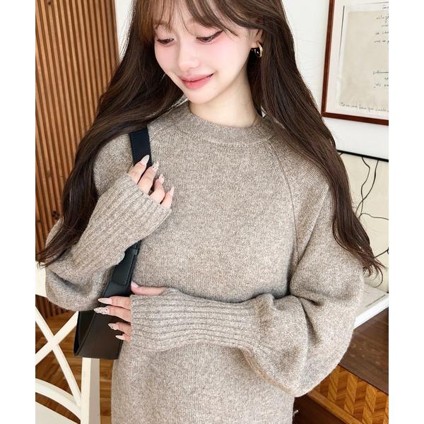 ワンピース 指ぬきボリュームスリーブミックスニットロングワンピース