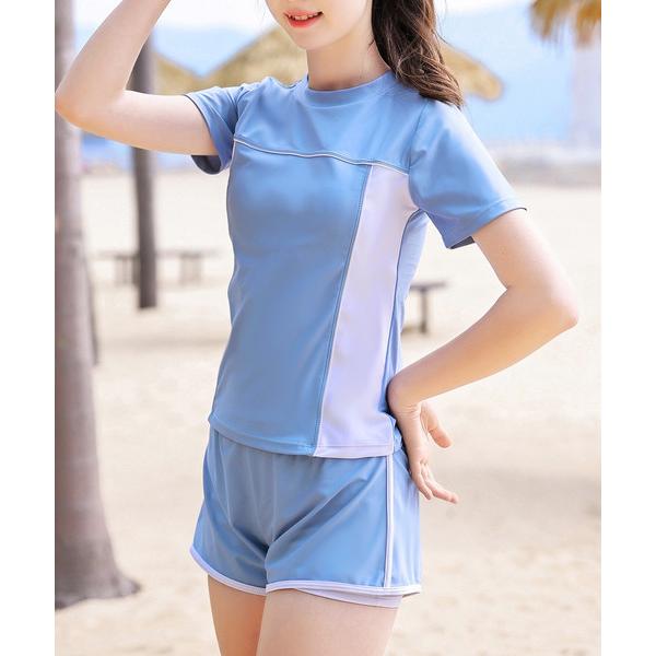 水着 キッズ水着 半袖パステルバイカラーラッシュガード+ショートパンツ 上下2点セット キッズ 子供...