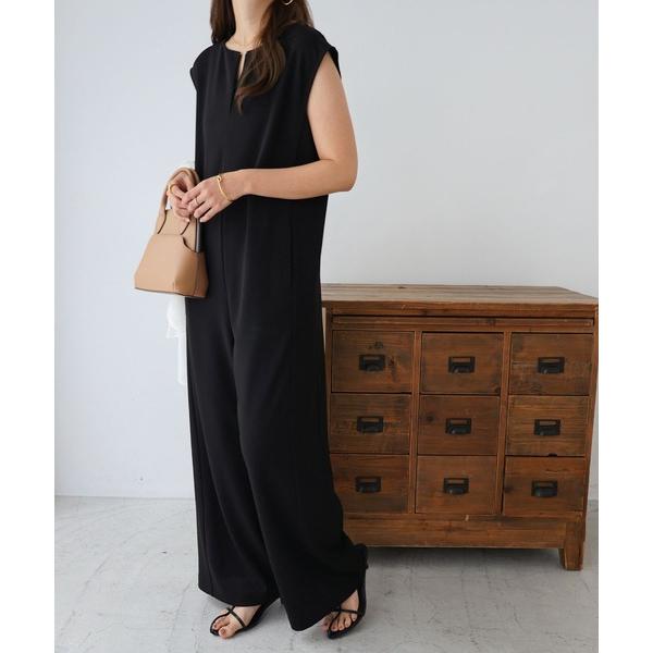 サロペット オーバーオール 梨地ポンチキーネックオールインワン レディース