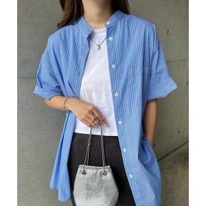 シャツ ブラウス ストライプバンドカラー半袖シャツ