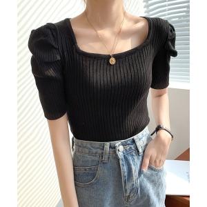 tシャツ 半袖 スクエアネックパフスリーブリブトップス レディース