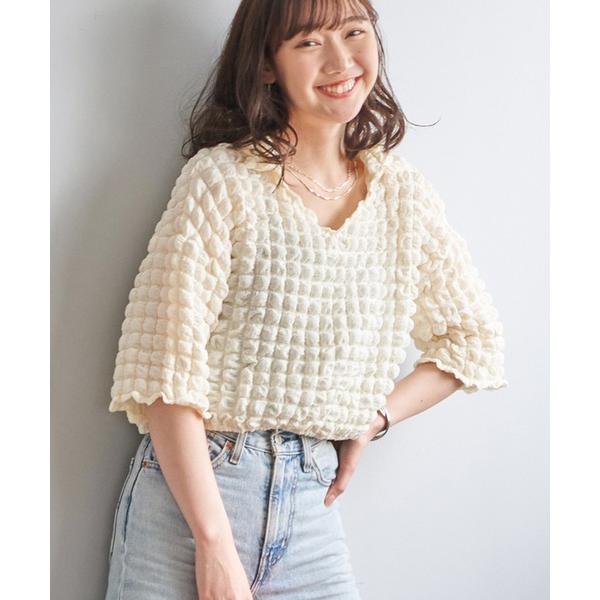 ブラウス シャツ ポップコーン素材スキッパー5分袖ブラウス レディース