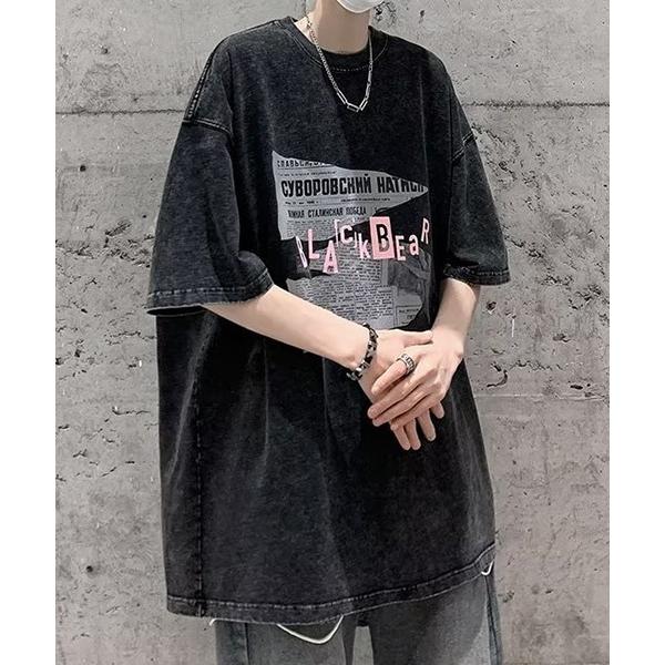 tシャツ パンチの効いたストリートアイテム。五分袖ルーズプリントTシャツ メンズ