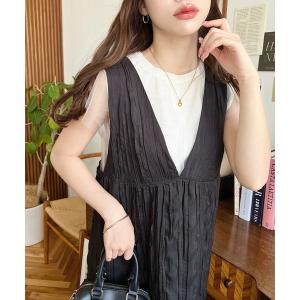 ジャンパースカート シワ加工Vネックジャンスカ/ワンピース