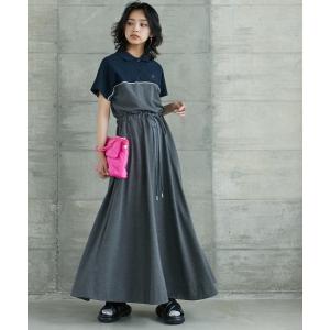 ワンピース 「大きいサイズ」 配色ポロフレンチスリーブロングワンピース GEVS. レディース