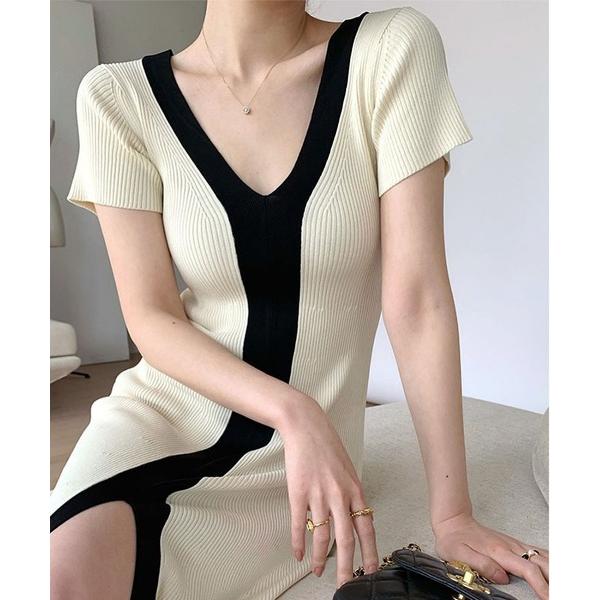 ワンピース Vネックリブニットワンピース