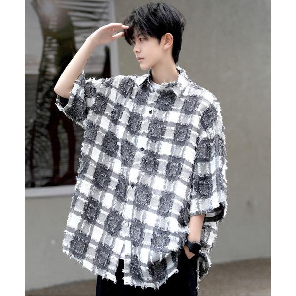 シャツ 「neos -addictive design-」ビッグシルエット フリンジ ブロックチェッ...