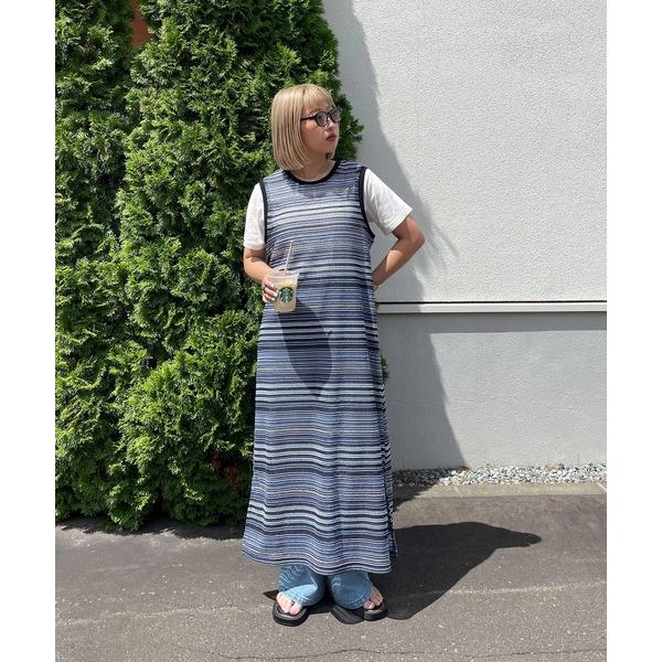 ワンピース ボーダー透かし編みロングワンピ