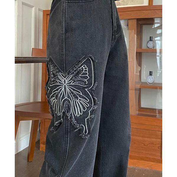 ジーンズ デニム デニムパンツ 新色追加/刺繍バタフライフレアデニムパンツ レディース