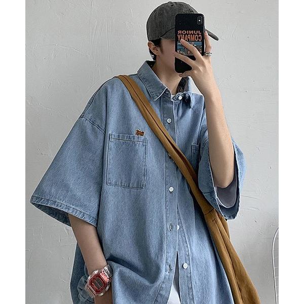 デニムジャケット gジャン オーバーサイズ ワンポイント ビッグシルエット 半袖 ウォッシュ デニム...