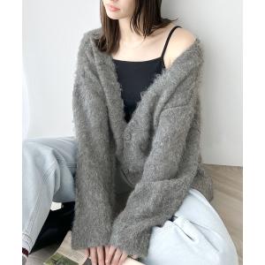 カーディガン 1枚で今っぽ可愛い。深Vネックシャギーニットオーバーサイズカーディガン レディース