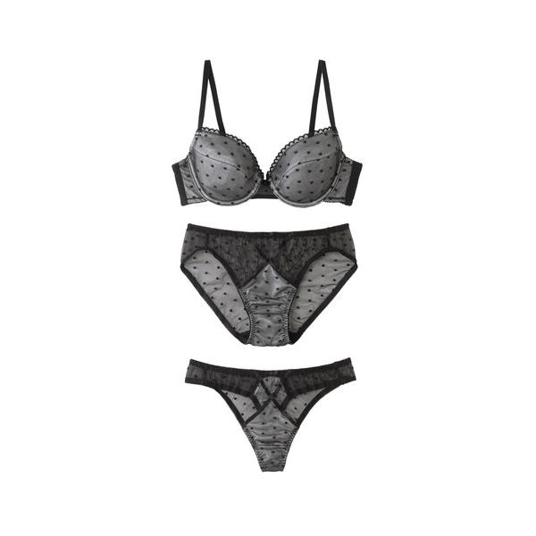 ブラジャー ショーツセット 「3点セット」艶めくドットレースブラ＆ショーツ＆Tバック