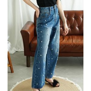 ジーンズ デニム デニムパンツ 「Jasmine」パール付きハイウエストワイドデニムパンツ レディース