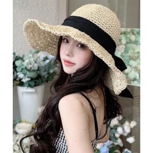 帽子 ハット リボン付つば広麦わら帽 レディース
