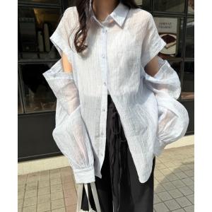 ブラウス シャツ 夏 「低身長用サイズあり / 袖取り外し可」3way袖開きシアーシャツ レディース