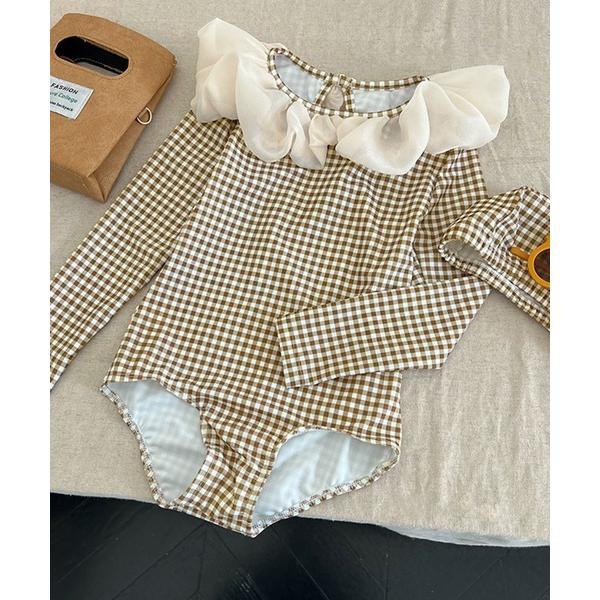 水着 キッズ水着 シアービッグカラーチェック柄オールインワンスイムウェア+キャップ 2点セット キッ...