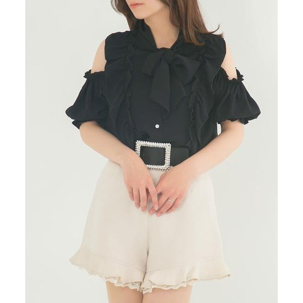 ブラウス シャツ ボウタイフリフリ肩開き半袖ブラウス レディース