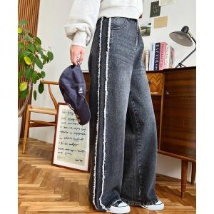 ジーンズ デニム デニムパンツ サイドフリンジセミワイドデニムパンツ レディース