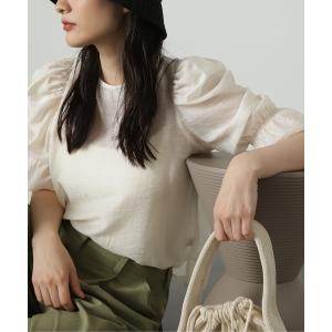 シャツ ブラウス パフスリーブ半袖シアーブラウス