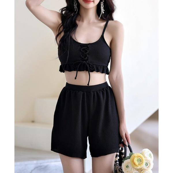 水着 レディース水着 ワッフルフリルレースアップリボンビキニ+ショートパンツ 上下3点セット「WEB...