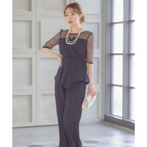 パンツドレス パーティードレス パンツスタイル セットアップ カシュクール ウエストリボン アシメ フリルトップス ワイドパンツ シアースリーブ 結婚