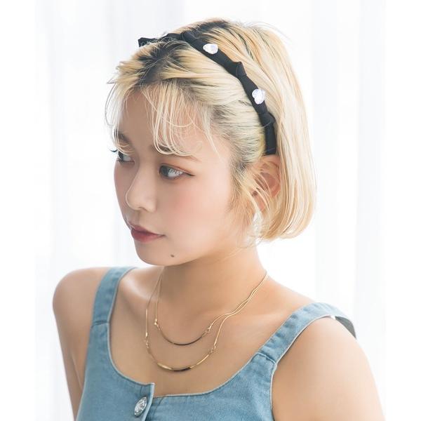 カチューシャ ハートビジューサテン細めリボンカチューシャ