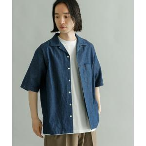 シャツ ブラウス インディゴリネンオープンカラーシャツ