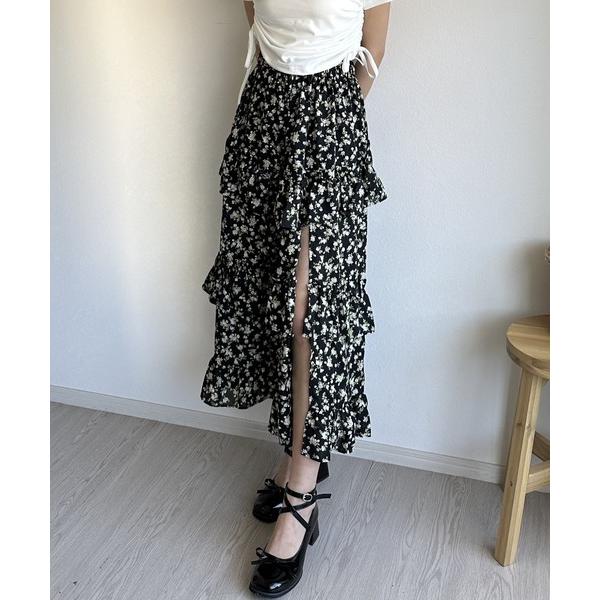 スカート 「韓国ファッション春コーデに」小花柄スリット入りティアードスカート
