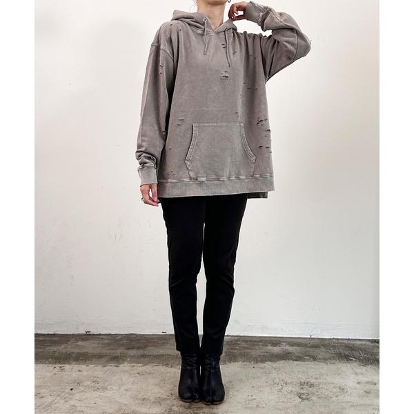 パーカー COMMONWARE:裏毛硫化染め ダメージスウェットパーカ レディース メンズ