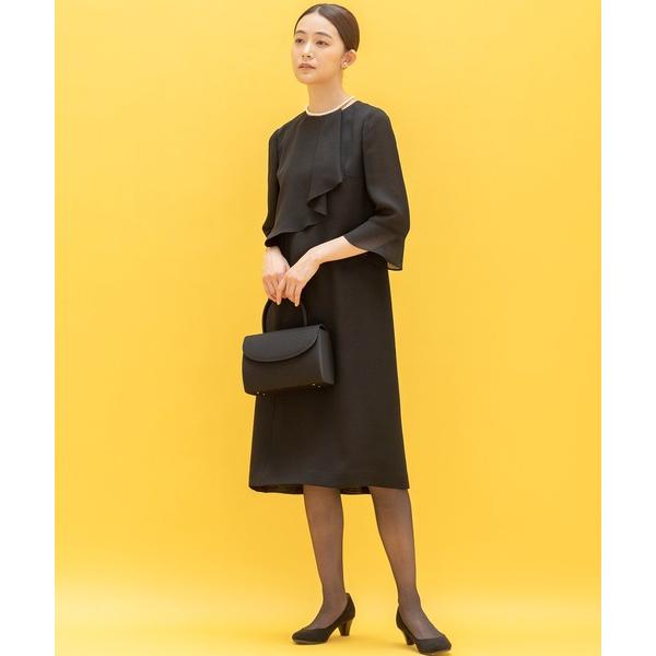 ワンピース 「喪服」「洗える」ボウタイフリル セミフレアブラックフォーマルワンピース「大きいサイズ有...