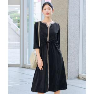 Tiaclasse ワンピース 「新色追加・洗える」配色キーネックストライプ