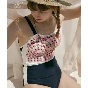 水着 ヘッドアクセ付 ダイス柄 配色切り替え ストレッチワンピース水着