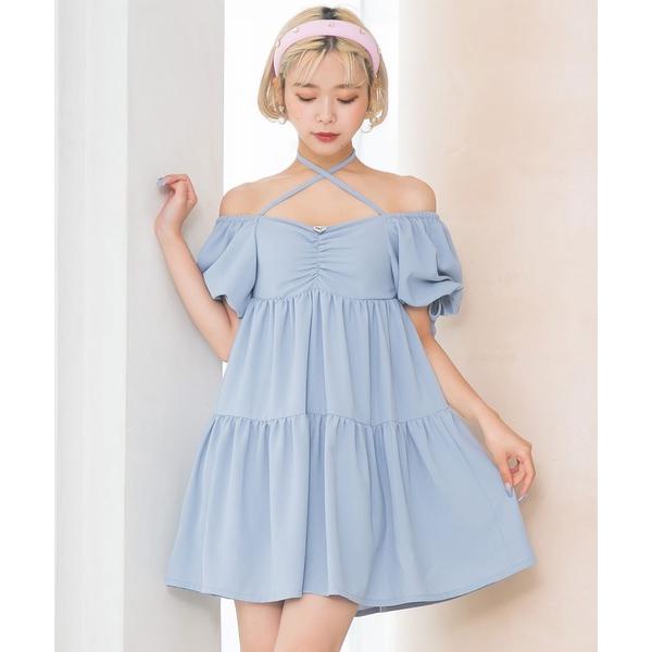 ワンピース スクエアデコルテパフ袖細魅せワンピース