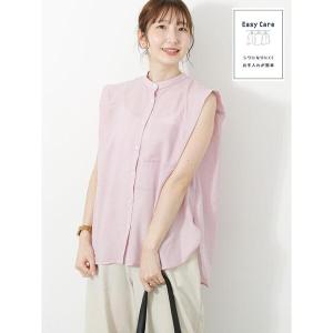 シャツ ブラウス リネン混バンドカラー肩タックブラウス