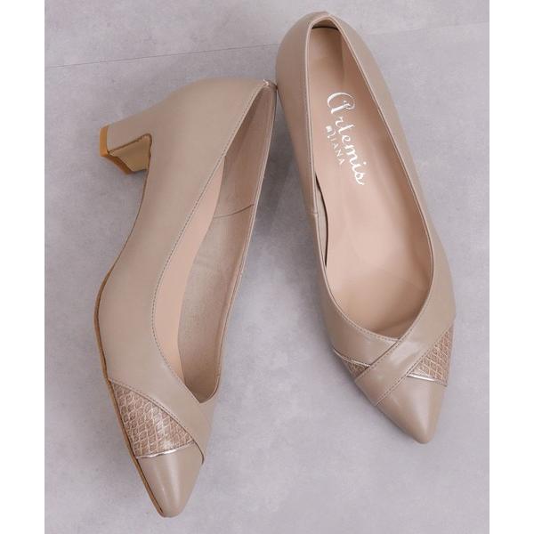 パンプス メタルライン切り替え異素材コンビパンプス