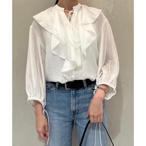 シャツ ブラウス 7分スリーブラッフルデザインシアーブラウス