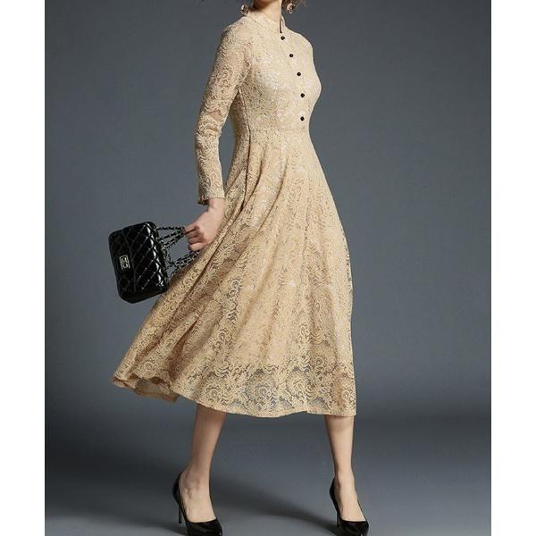 ドレス 総レースデザイン ロングスリーブ ハイネック ワンピース パーティードレス