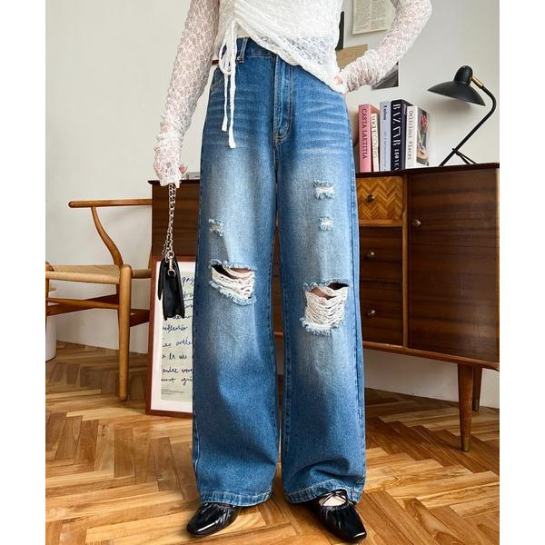 ジーンズ デニム デニムパンツ クラッシュダメージデニムパンツ レディース
