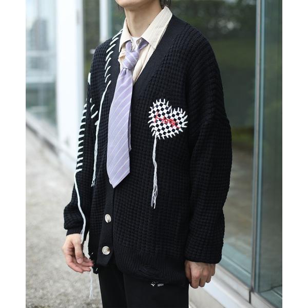 カーディガン HOOK -original-　ブロックチェックハートパッチ　ワッフル編みクレイジース...