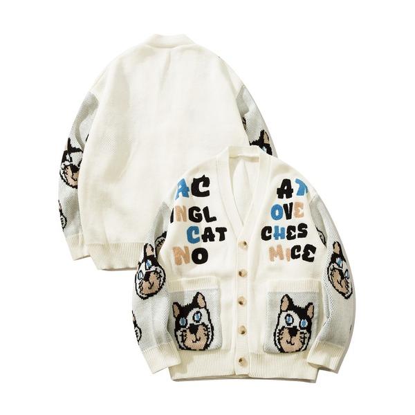 カーディガン HOOK -original-　激カワ　サガラ刺繍猫柄Vネックカーディガン メンズ レ...