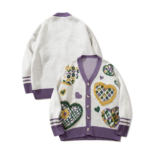 カーディガン HOOK -original-　レトロ調　サガラ刺繍ハート柄Vネックカーディガン メン...