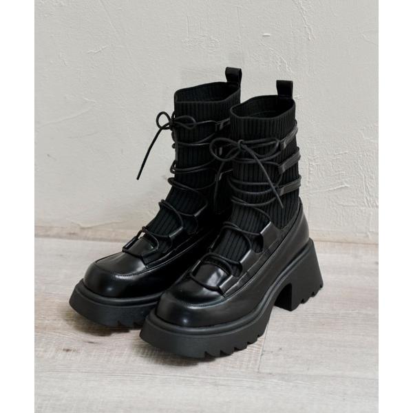 ブーツ lace up socks boots/リボン編み上げ厚底ブーツ レディース