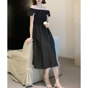 ワンピース 夏 半袖 オフショルシャーリングワンピース