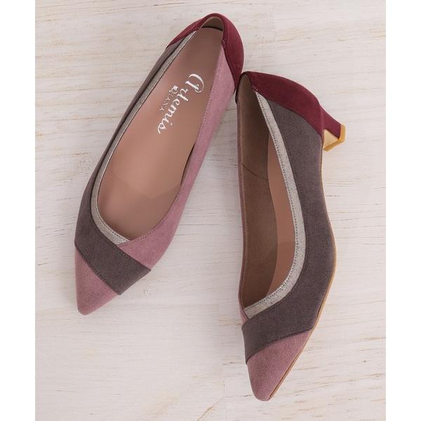 パンプス カラーブロックローヒールパンプス